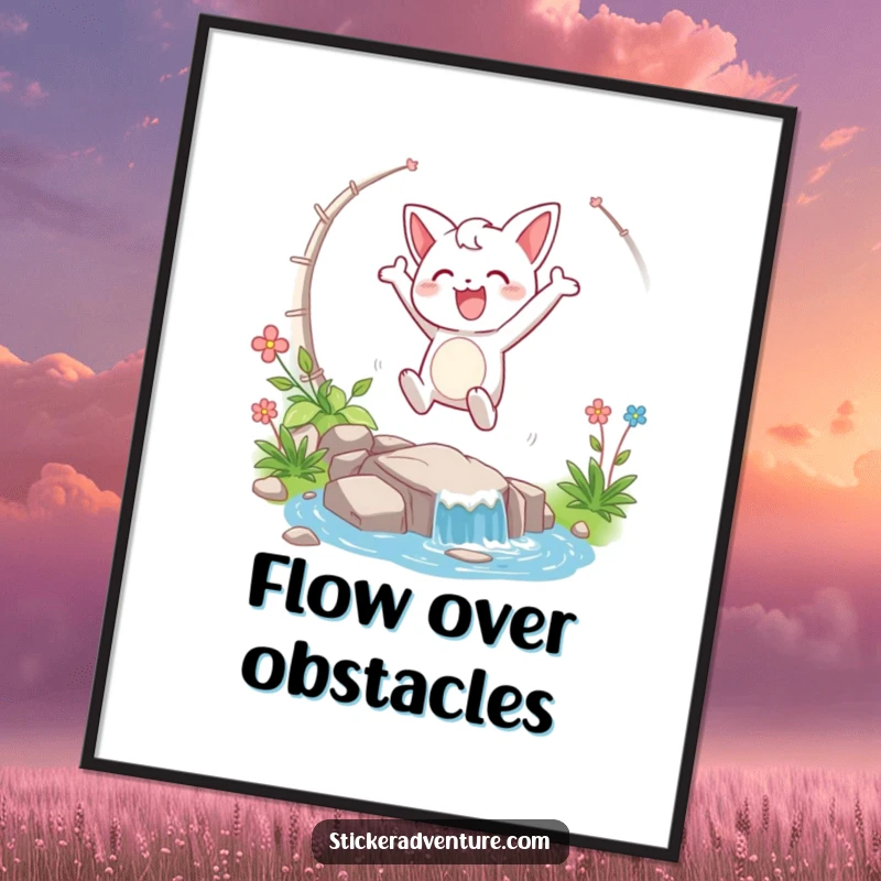 Funny poster showing a happy character taking a triumphant leap over a stream, symbolizing joy and successful endeavors.