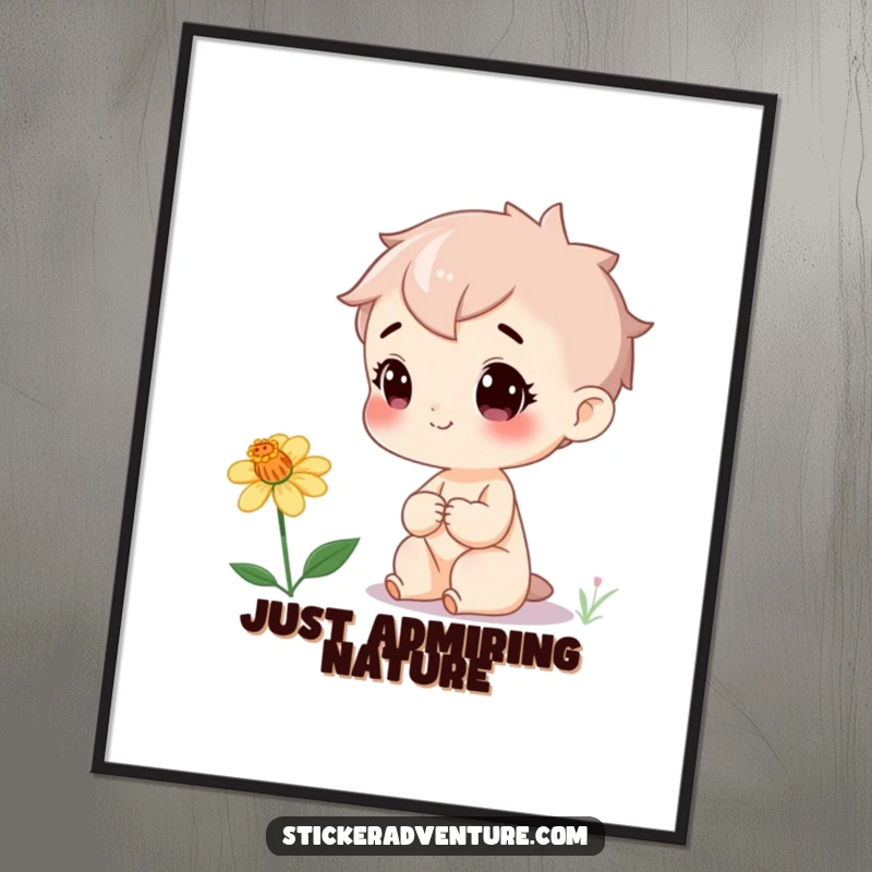 Funny Poster: A cheerful character with wide eyes marvels at a small, exquisite wildflower, creating a heartwarming, humorous scene.