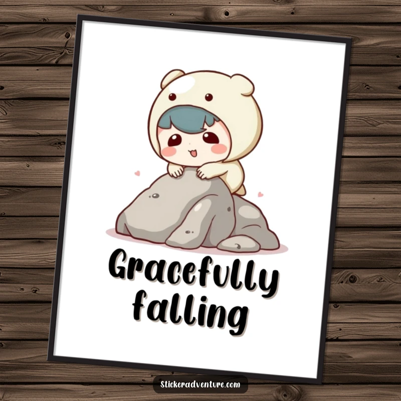 Funny kawaii character poster illustrating a character comically tripping while climbing a rock, bringing adorable humor to decor.