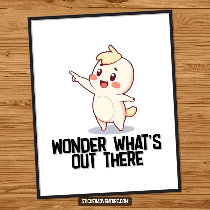 Funny poster of a tiny character with a sense of wonder, excitedly pointing into the vast unknown with hopeful eyes.