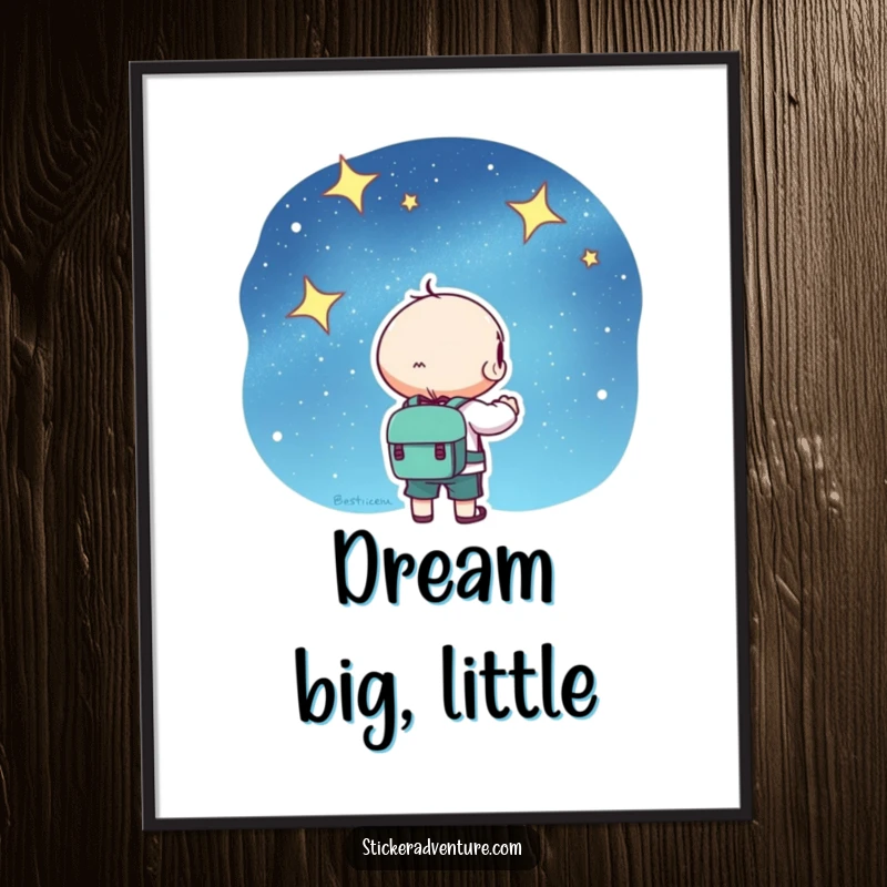 Kawaii poster art of a cute character with a backpack, gazing up at a mesmerizing starry sky, perfect for wall decor.