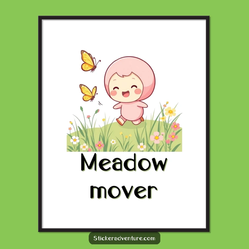 Funny Chasing Butterfly Poster: Joyful Meadow Pursuit Humorous Wall Art