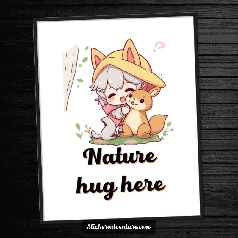 Funny forest friends poster depicting a character playfully interacting with a friendly forest creature; whimsical and humorous wall art.