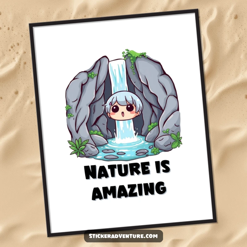 Funny Waterfall Surprise Poster: An illustration of a character with a surprised and delighted expression discovering a hidden waterfall.