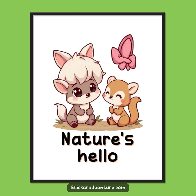 Funny Surprise Encounter Poster: Playful Character Meets Shy Creature, Inspiring Funny Gift