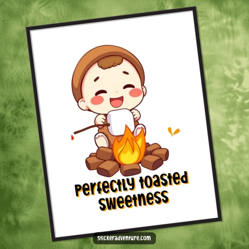 Funny campfire marshmallow poster, a person joyfully toasting a marshmallow over a glowing campfire, warm and inviting.