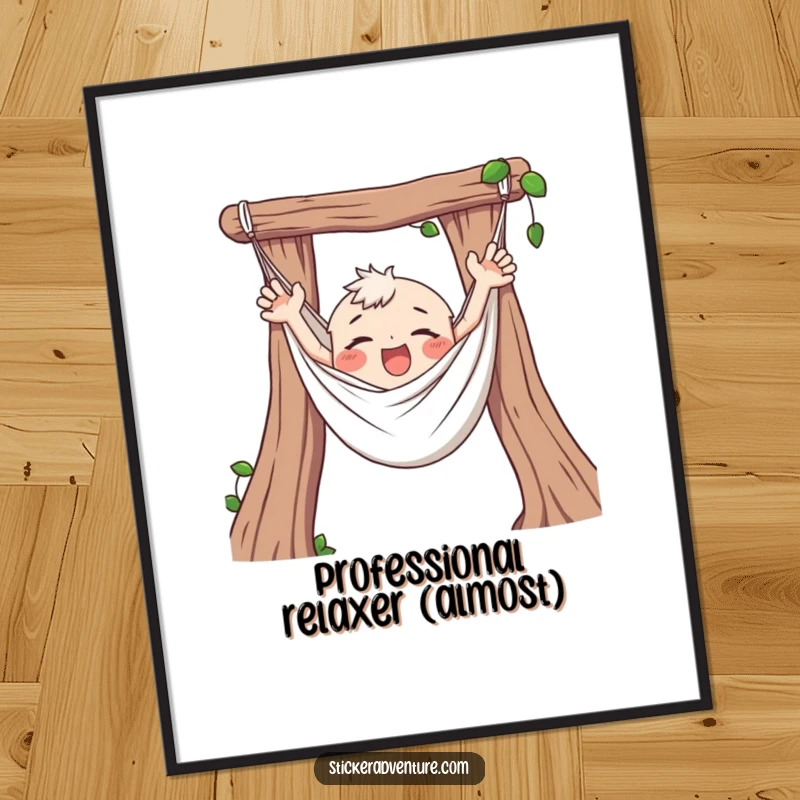 Funny Hammock Poster, showing a character happily tangled and flailing, adding a touch of joyous relaxation to wall decor.