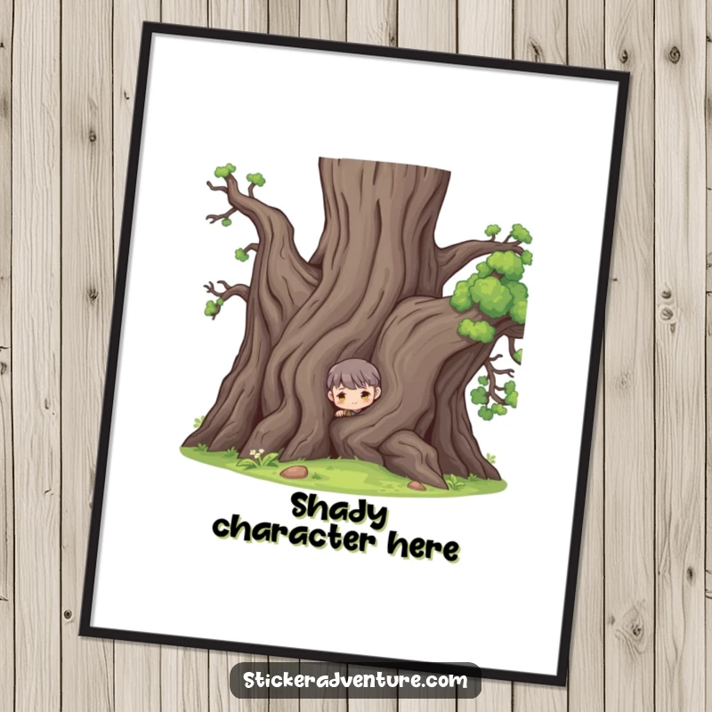 Funny poster showing a character peeking from behind a large ancient tree, symbolizing playful curiosity and hidden charm.