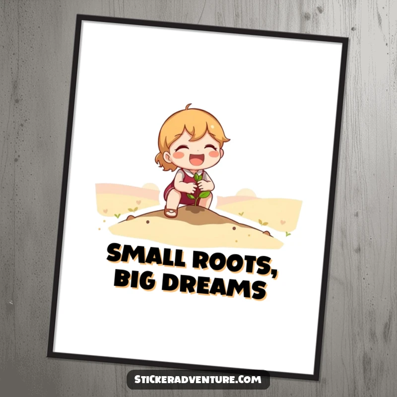 Funny Poster: A cute character joyfully planting a tiny seedling in a vast, beautiful landscape, evoking feelings of hope and growth.