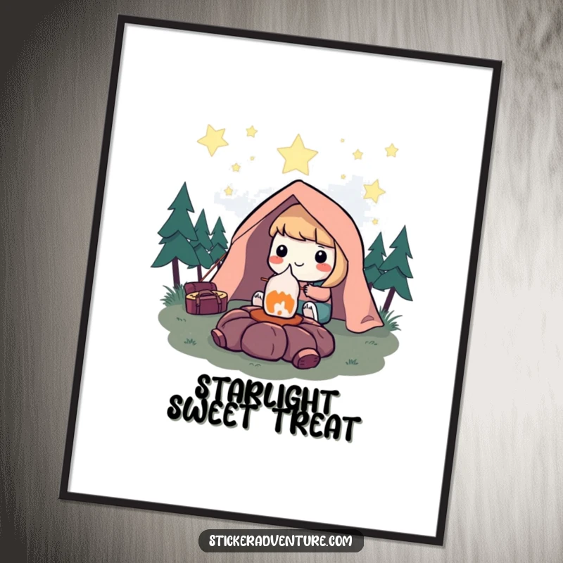 Funny Poster: Character smiling while roasting a marshmallow under a vast starry sky, depicting peaceful and humorous camping bliss.
