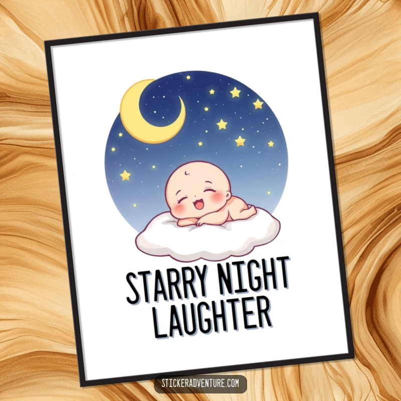 Funny being poster: a tiny, cute character laughs gently in its sleep beneath a vast and beautiful starry sky.