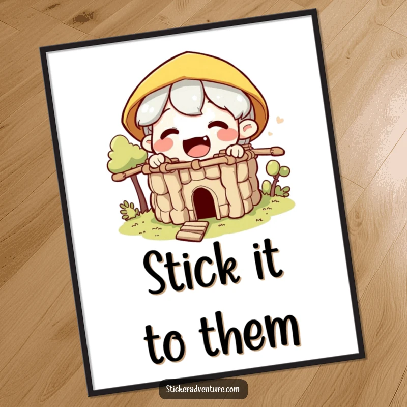 Funny builder character poster, illustrating an excited character building a small fort from sticks with great joy and focus.