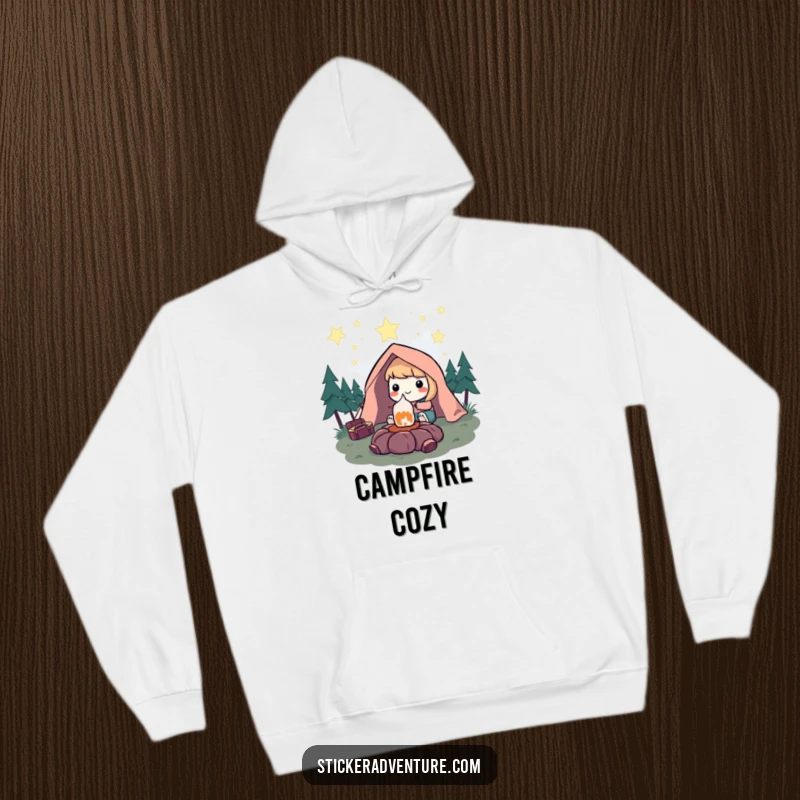 Funny Hoodie: Character happily roasting a marshmallow beneath a starry sky, offering cozy, humorous camping comfort.