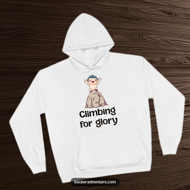 Funny hoodie featuring a cute character joyfully scaling a small, textured rocky outcrop, with a radiant upward smile.