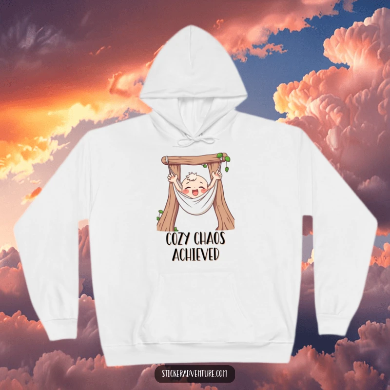 Funny Hoodie depicting a character happily tangled in a hammock, arms flailing, perfect for cozying up during downtime.