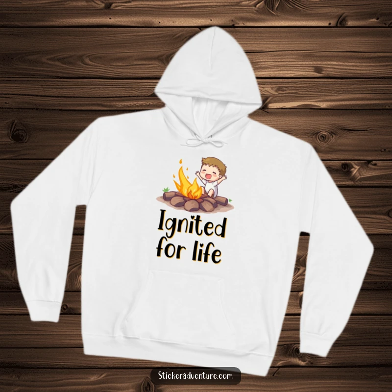Funny hoodie showing an enthusiastic subject joyfully setting a small campfire ablaze, perfect for warmth and laughter.
