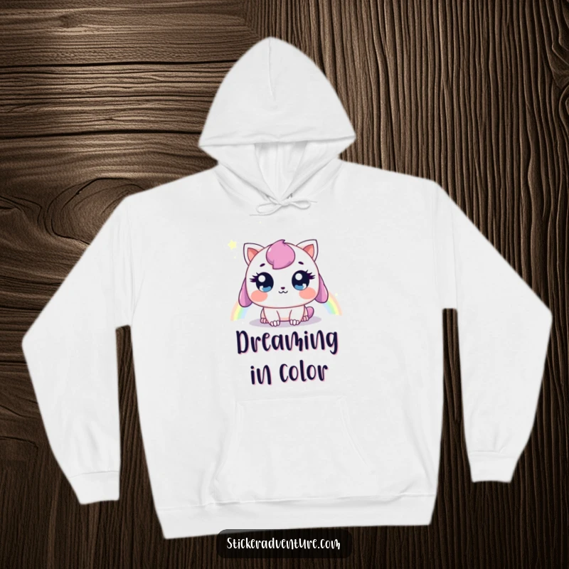 Funny hoodie displaying a sweet creature with big eyes looking at a rainbow, symbolizing hope, a cozy and funny gift.