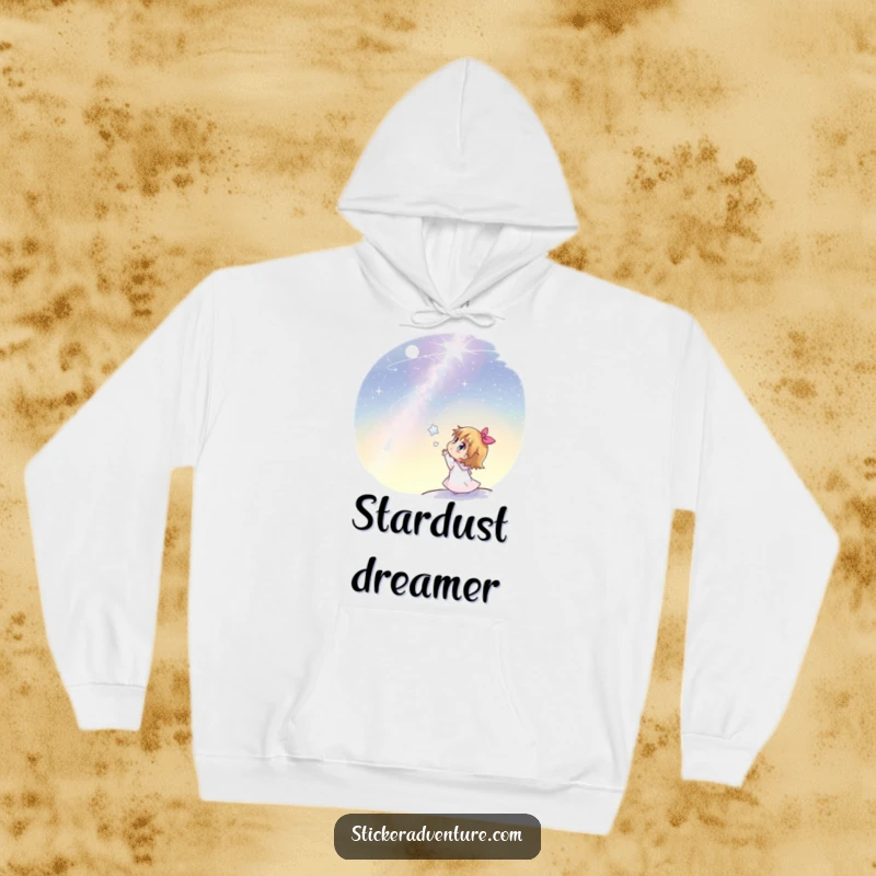 Funny hoodie showing a joyful character looking up in awe at a vast, star-filled night sky, radiating peace.
