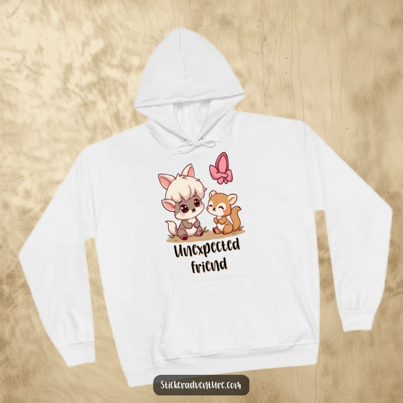 Funny hoodie depicting a playful character with a shocked expression meeting a timid, shy woodland creature, a heartwarming scene.