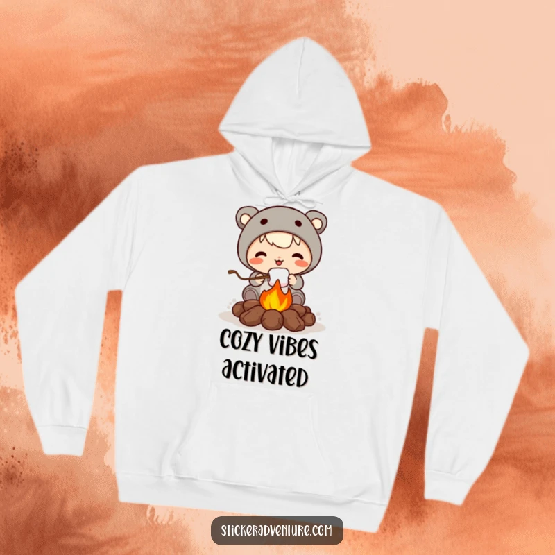Funny hoodie featuring a cute character roasting a marshmallow over a campfire, offering warmth and humorous, cozy charm.