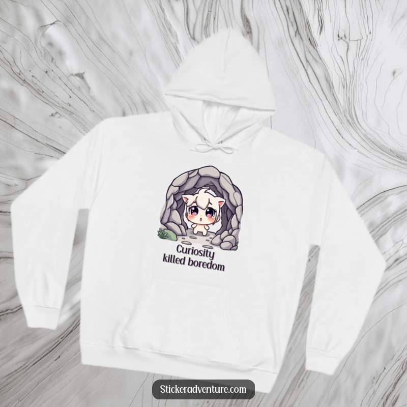 Funny Hoodie: Character in wide-eyed surprise discovering a hidden cave entrance, offering cozy and humorous exploration vibes.