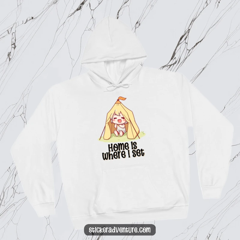 Funny Happy Camper Hoodie: A cozy hoodie featuring a character happily and determinedly setting up a tiny tent.