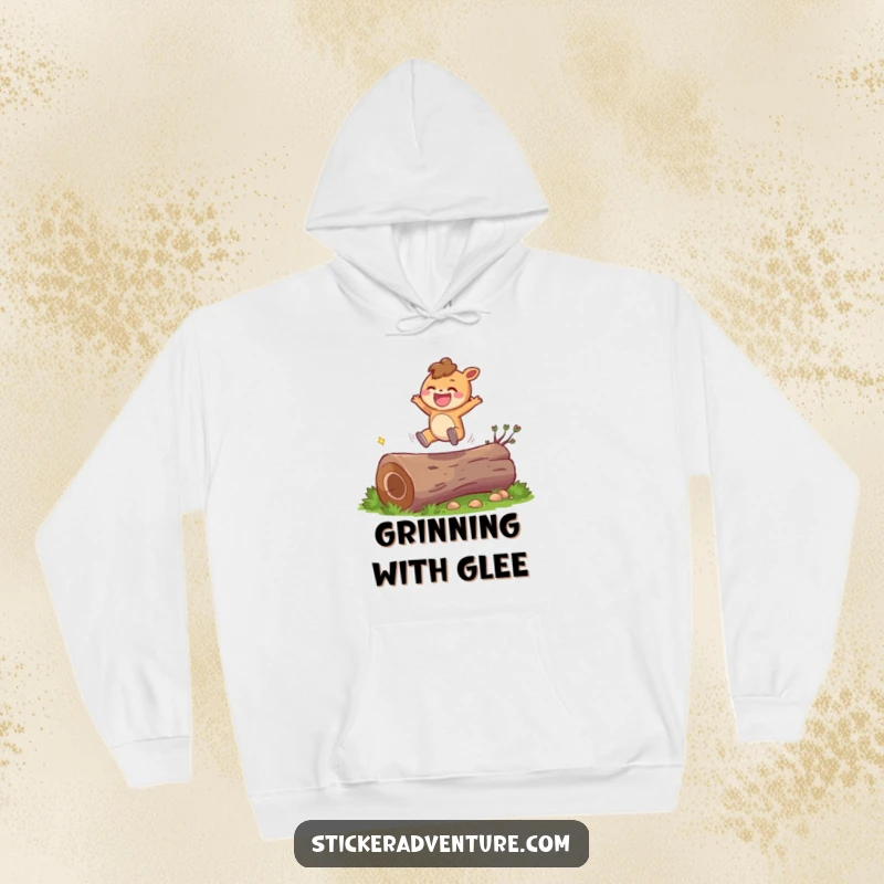 Funny character hoodie showing a character joyfully leaping over a log, offering warmth and a cheerful, humorous design.