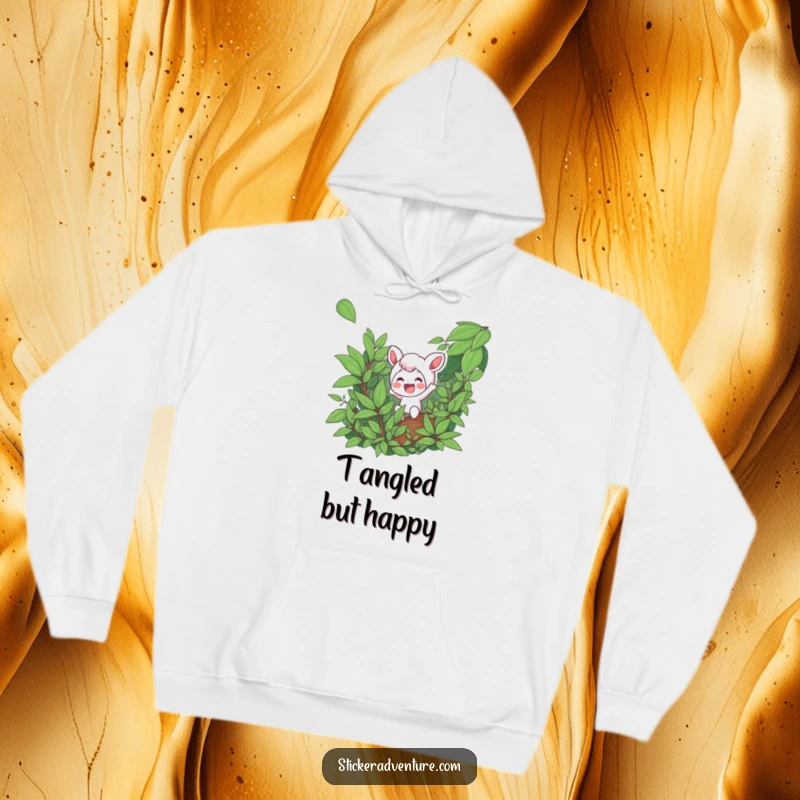 Funny hoodie with a character excitedly navigating dense foliage with a smile, symbolizing adventure and a cheerful spirit.