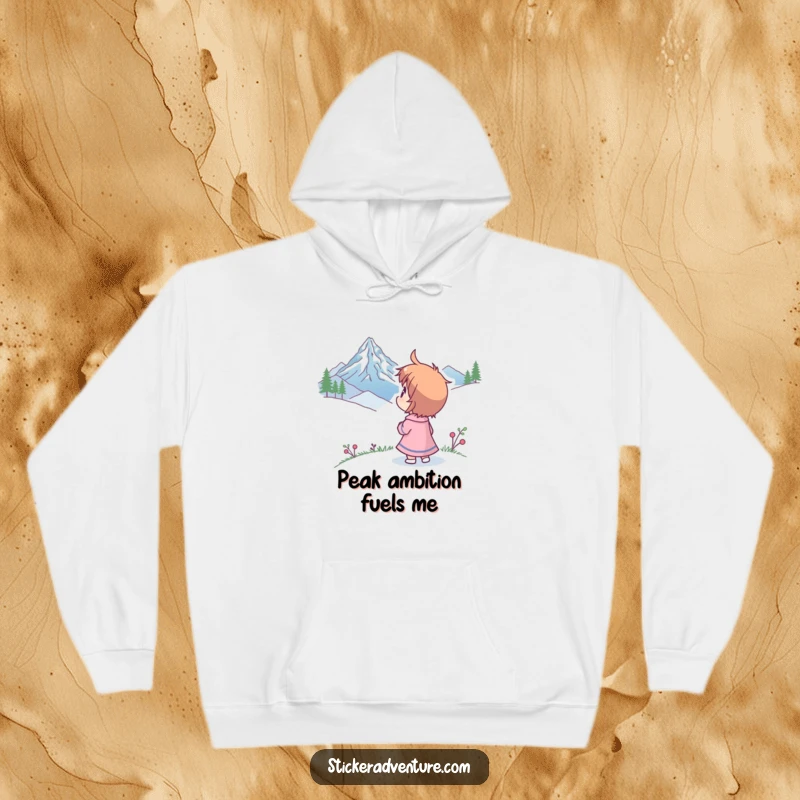 Funny hoodie with a character looking at a mountain peak with humorous wonder, designed for comfort during adventurous journeys.