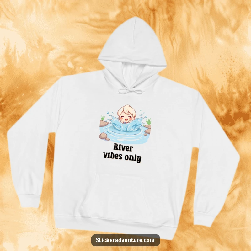 Funny Hoodie: Character delightedly splashing in a playful river, radiating pure happiness, perfect for cozy, humorous wear.