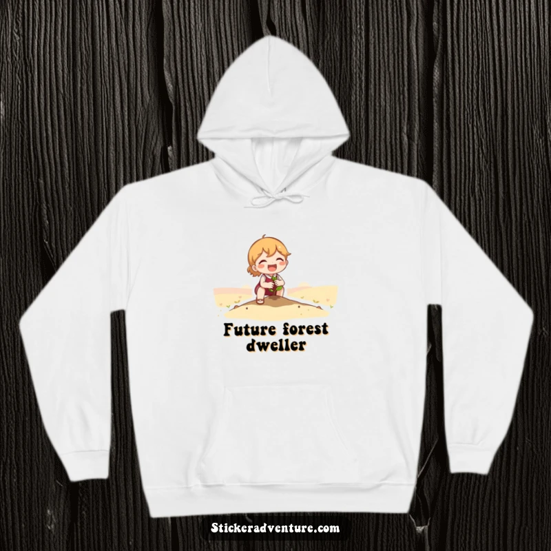 Funny Hoodie: A heartwarming scene of a cute character planting a tiny seedling in a vast landscape, spreading hope and warmth.