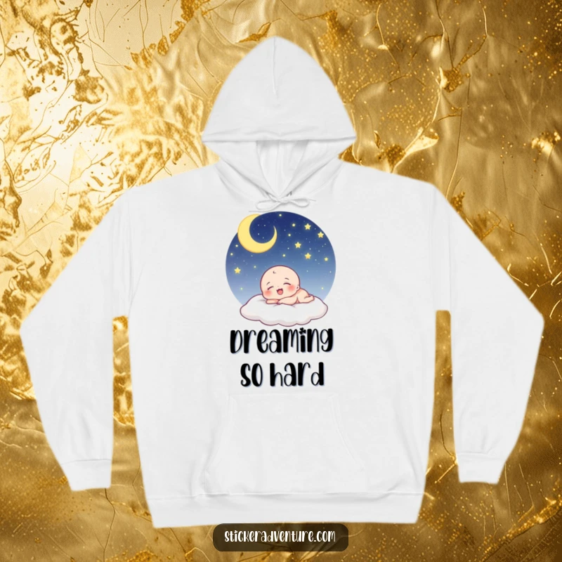 Funny being hoodie: a tiny, cute character laughs softly in its sleep, nestled under an expansive, twinkling starry sky.