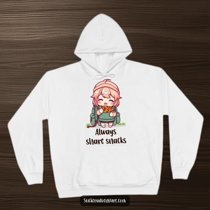 Funny hoodie depicting a character happily sharing trail mix from a backpack, extending a piece, ideal for chilly adventures.