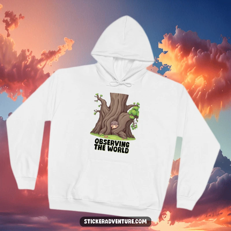 Funny hoodie with a character peeking from behind a large ancient tree, conveying playful curiosity and a sense of wonder.