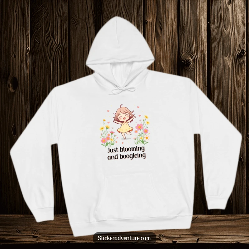 Funny Hoodie featuring a joyful character dancing freely among a profusion of blooming wildflowers, radiating warmth and happiness.