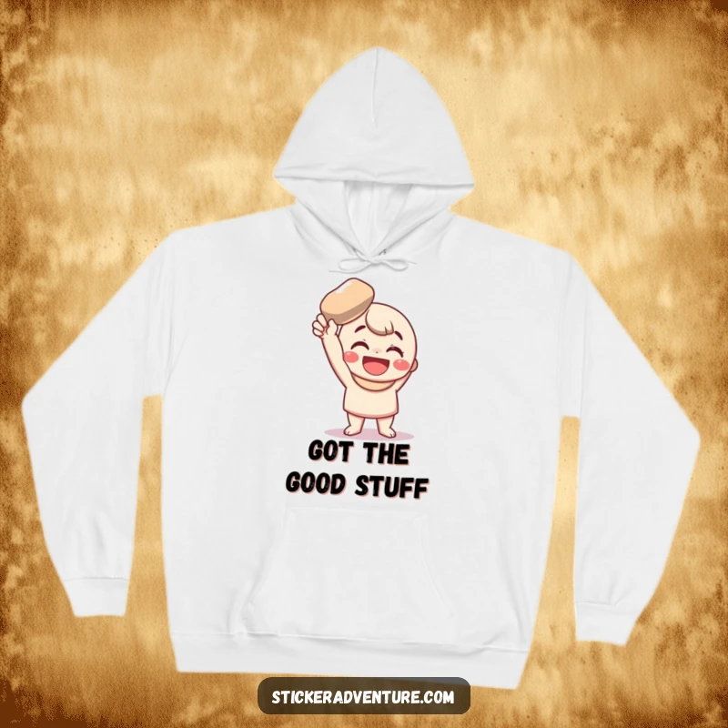 Funny Hoodie: A character beams holding a shiny pebble aloft, radiating funny, wholesome triumph and joy.