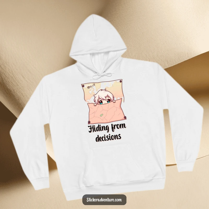 Funny Hoodie depicting a character hiding behind a large map, peeking out with wide eyes, perfect for cozy exploration.