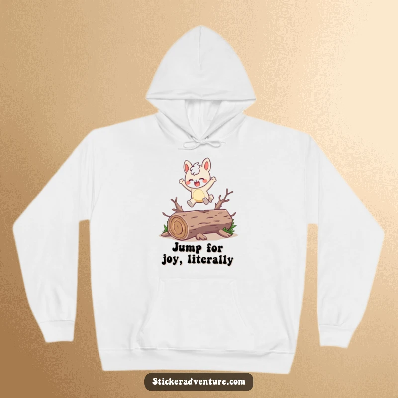 Funny Hoodie: A character playfully leaps over a fallen log with a joyful expression, designed for comfort and cheer.