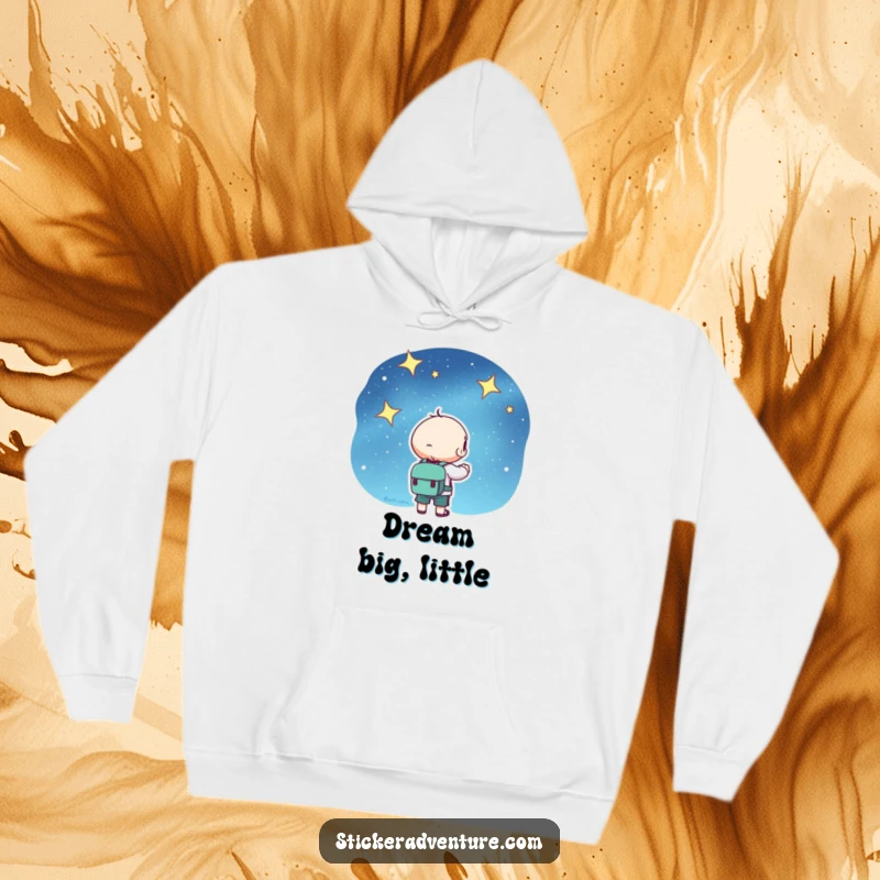 Kawaii hoodie print of a cute character with a backpack, looking up at a magical starry sky, ideal for cozy wear.