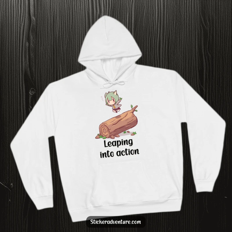 Funny hoodie depicting a character leaping energetically over a fallen log with grace. Cozy and motivating humor.