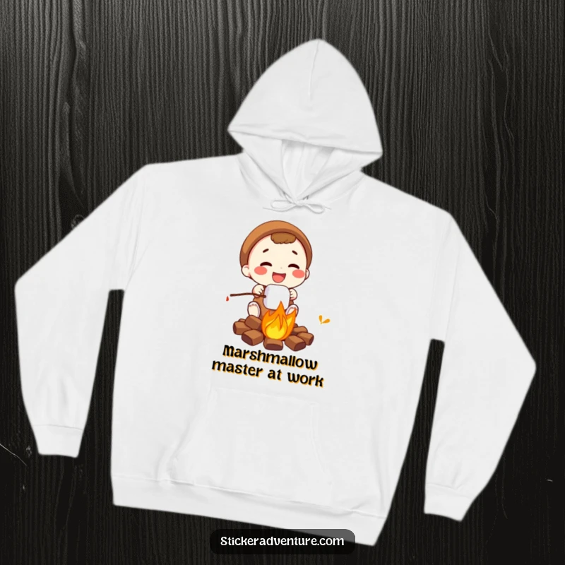 Funny campfire marshmallow hoodie, a character happily roasting a gooey marshmallow over a bright campfire.