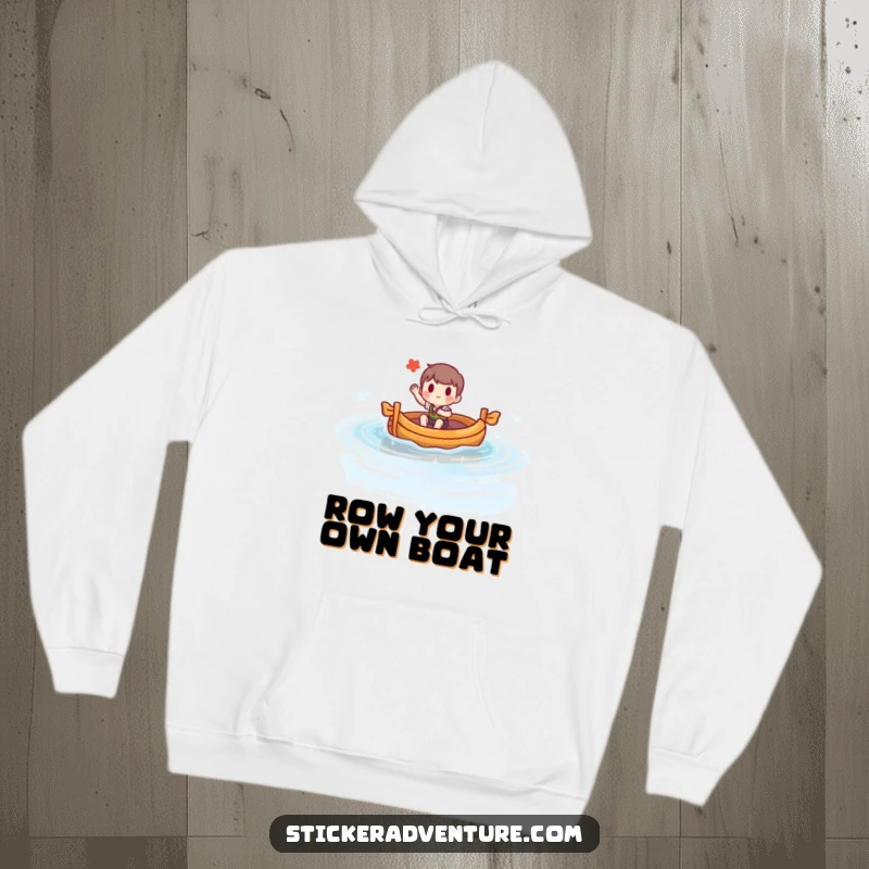 Funny hoodie depicting a character steering a raft on a bright lake, waving with a cheerful expression. Cozy humor apparel.
