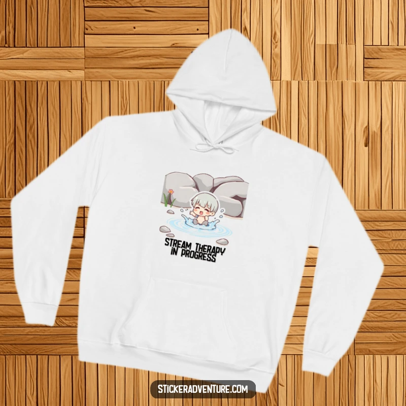Funny splashing stream hoodie, a character gleefully splashing in a clear brook, cozy and humorous apparel.