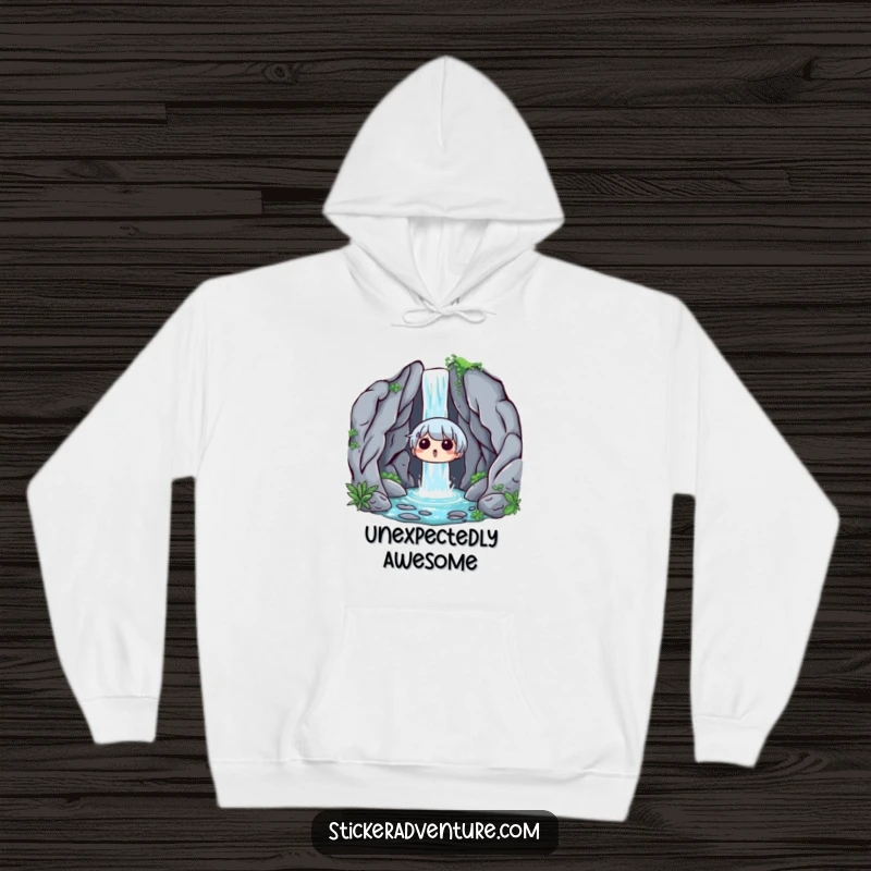 Funny Waterfall Surprise Hoodie: A cozy hoodie featuring a character looking surprised and delighted by a hidden waterfall.