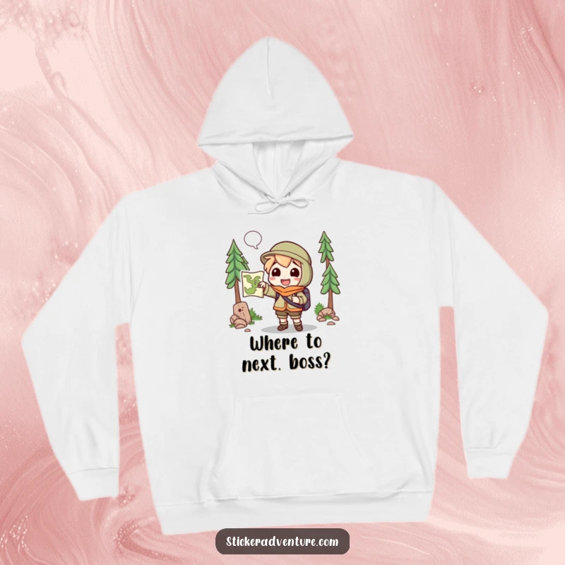 Funny Hoodie: A cheerful character holds a map, pointing towards an unknown trail, keeping you warm on your adventures.