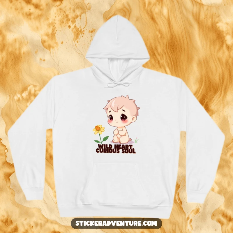 Funny Hoodie: Character with a beaming, cheerful expression discovers a rare, beautiful wildflower, radiating happiness and curiosity.