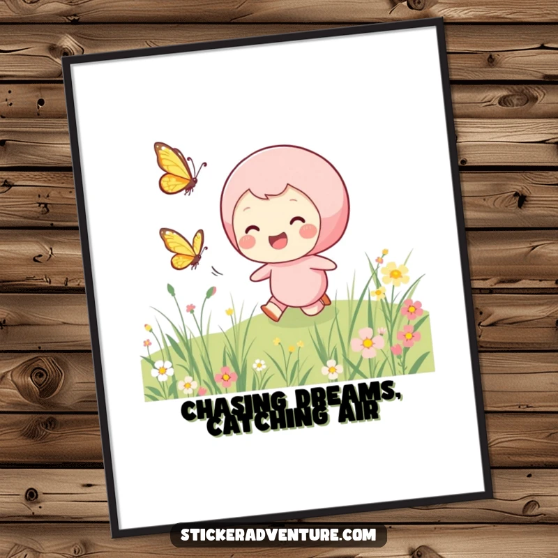 Funny Free Printable Wall Art: A smiling character happily dashes through a meadow, chasing a vibrant butterfly.