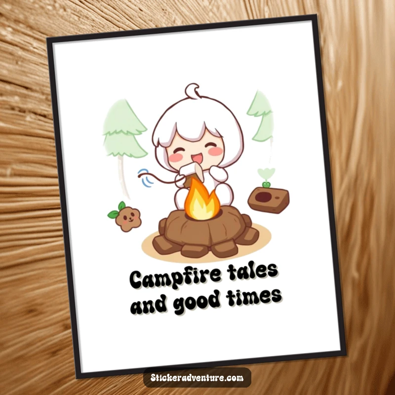 Free Printable Wall Art: Character joyfully roasting a marshmallow over a small, inviting campfire, radiating warmth.