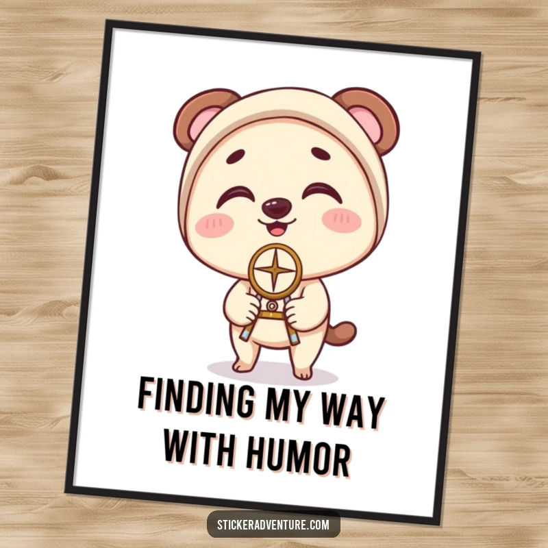Funny Free Printable Wall Art: Character playfully balances a compass on their nose with clumsy delight, a humorous piece for any wall.