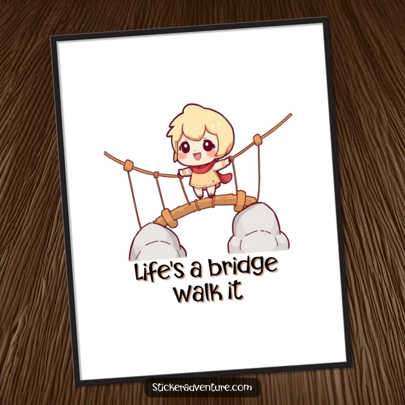 Funny Free Printable Wall Art: Character cautiously crossing a suspended rope bridge, embodying playful challenge and adventure.